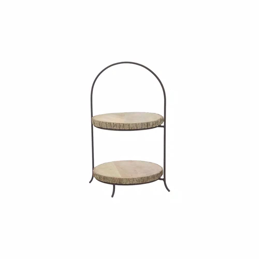 Unbranded 2-Tiered Brown Pine and Metal Round Dessert Display Stand