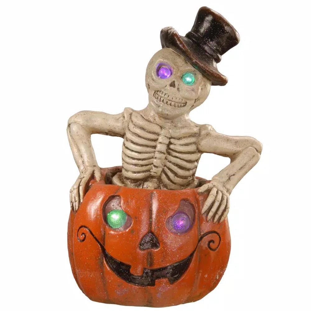 National Tree Company 15 in. Pumpkin and Skeleton Halloween Decor with Color-Changing LED Lights
