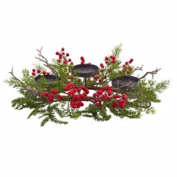 Nearly Natural 6.5 in. Berry and Pine Triple Candle Candelabrum, Red and Green Holiday Tabletop Decor thumbnail 1
