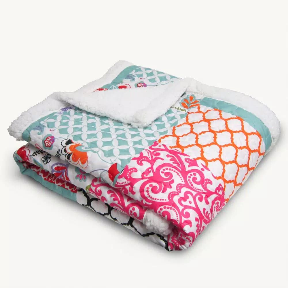 Lush Decor Brookdale Purple and Turquoise Sherpa Throw Blanket, Reversible Patchwork Pattern