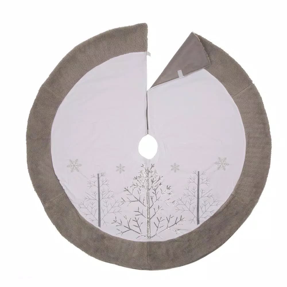 Glitzhome 48 in. White Faux Fur Christmas Tree Skirt with Grey Edge
