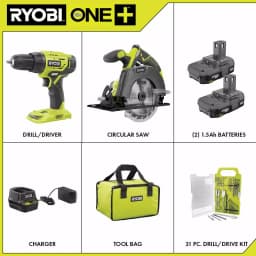 RYOBI 18V ONE+ Cordless 2-Tool Combo Kit with Drill/Driver, Circular Saw, and 31-Piece Black Oxide Bit Set thumbnail 2