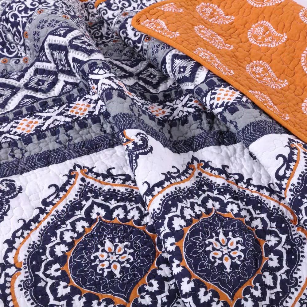 Greenland Home Fashions Medina Saffron Quilted Cotton Throw, Reversible Geometric Medallion Print