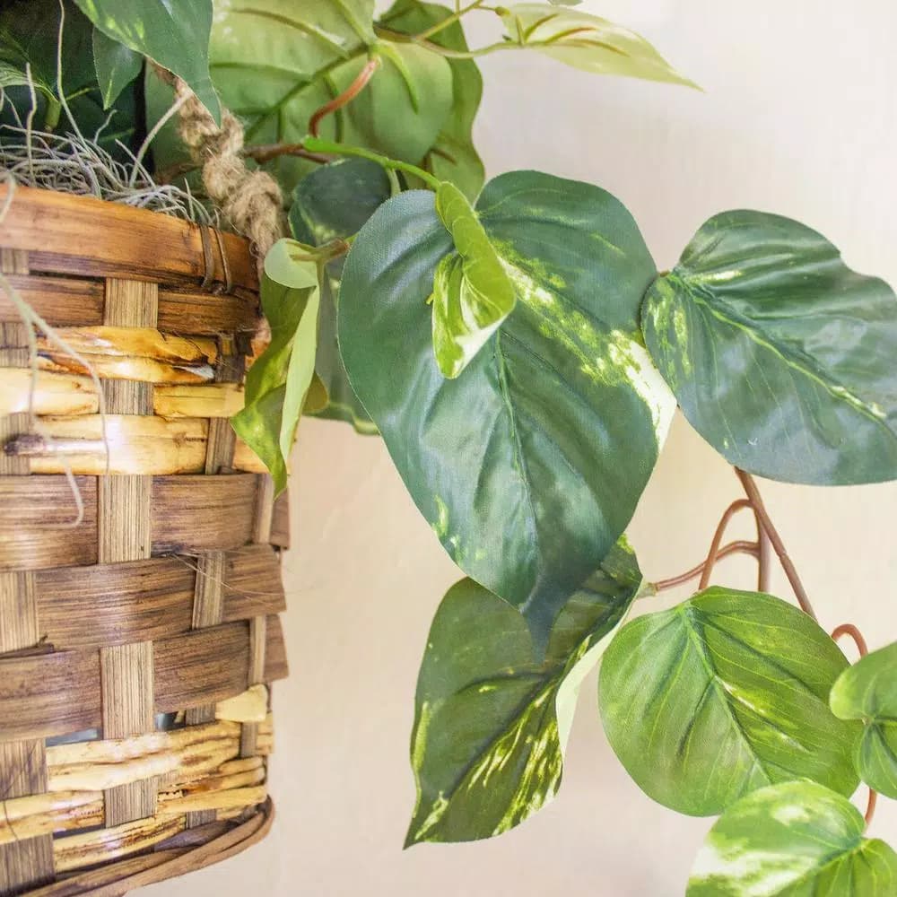 Nearly Natural Lifelike Pothos Silk Plant in Woven Roped Hanging Basket