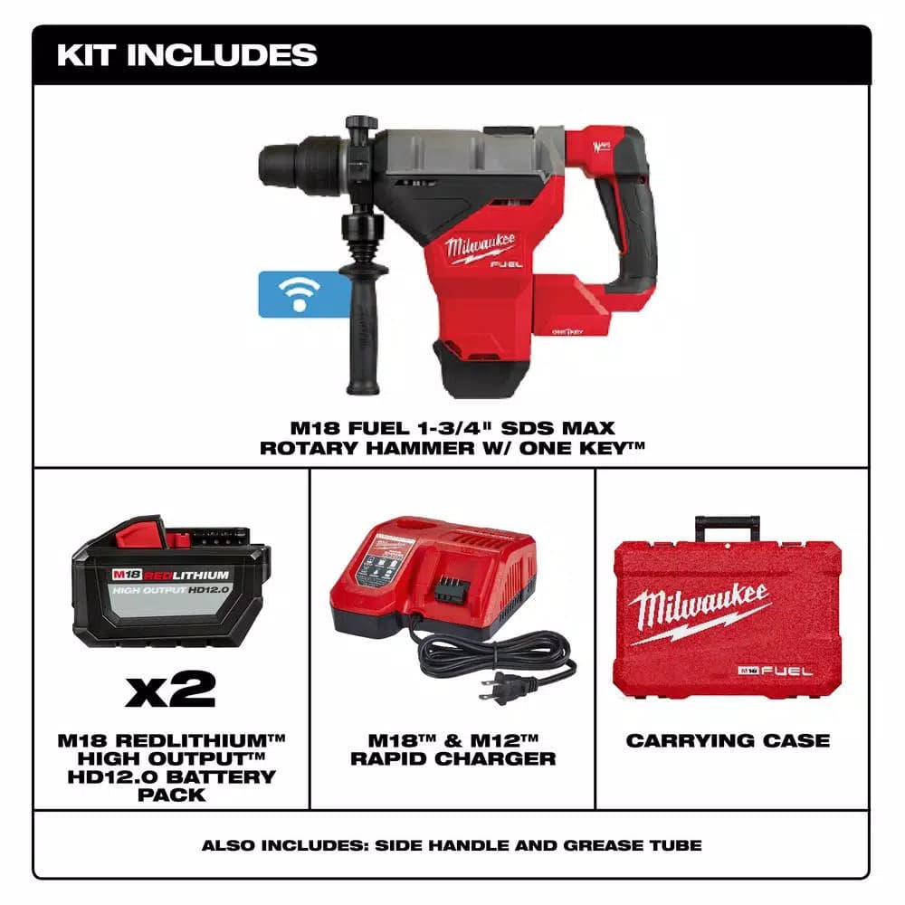 Milwaukee M18 FUEL SDS-MAX Rotary Hammer Kit with TWO 12.0 Ah Batteries & ONE-KEY