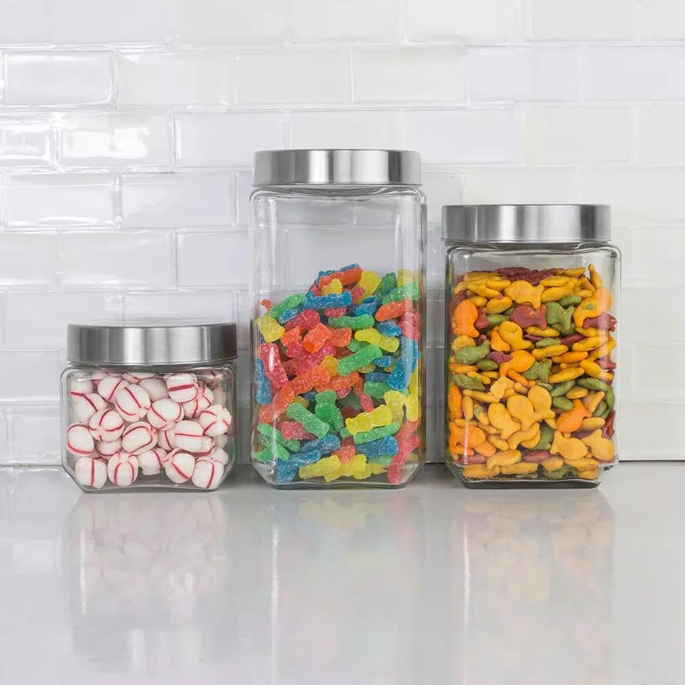 Home Basics 4-Piece Square Glass Canister Set with Airtight Stainless Steel Lids