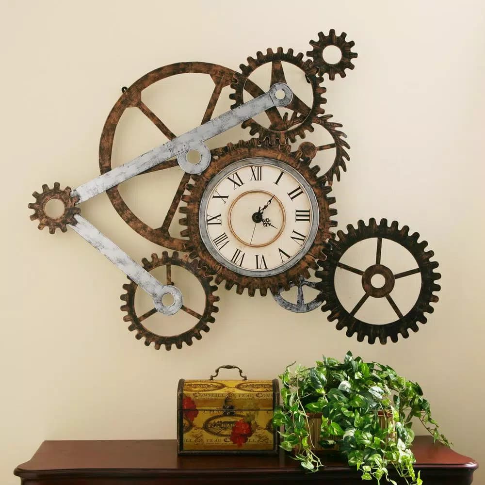 Unbranded Industrial Gear Wall Art with Analog Clock - Hand Painted Metal Sprocket Sculpture