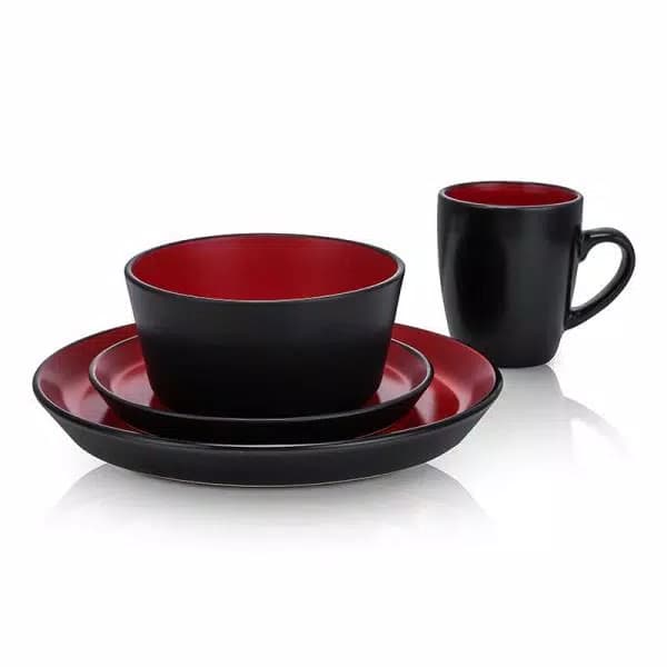STONE LAIN 16-Piece Red and Black Stoneware Dinnerware Set, Service for 4