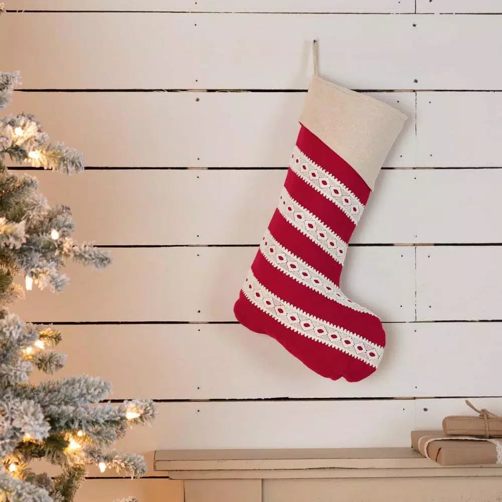 VHC Brands 20 in. Red Margot Farmhouse Christmas Stocking with Diamond Cut Lace