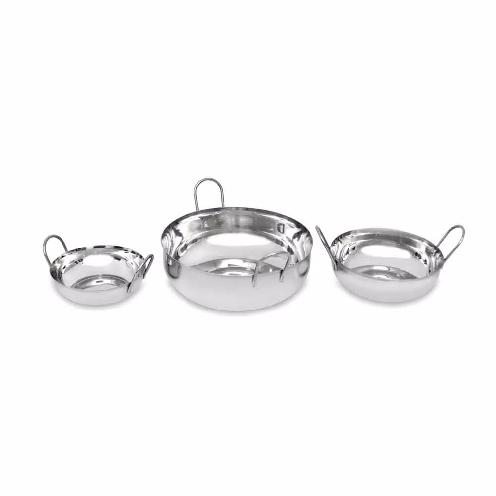 Unbranded 3-Piece Stainless Steel Balti Pan Set, 3 Sizes (3.25 Qt., 1.25 Qt., 0.50 Qt.)