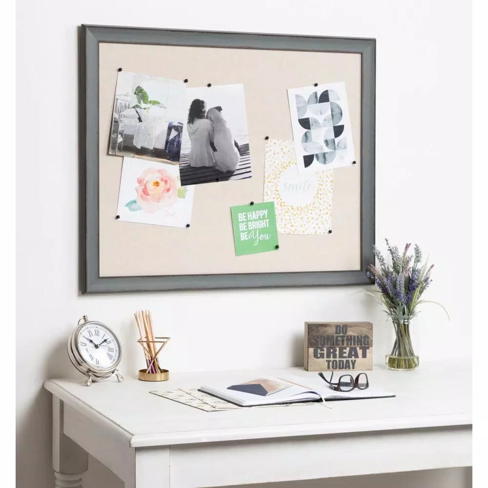 Kate and Laurel Kenwick Gray Framed Linen Fabric Pinboard Memo Board, Farmhouse Style
