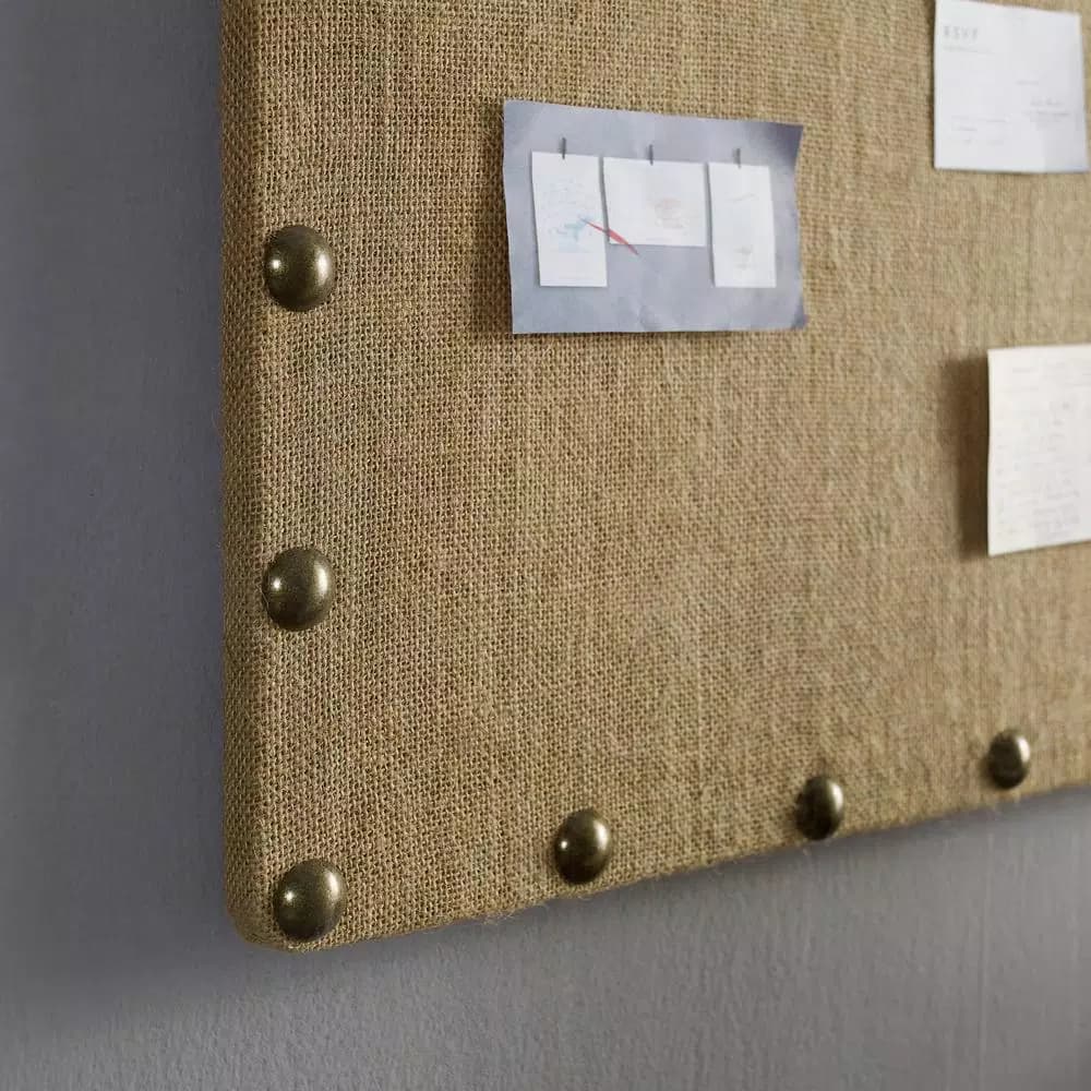 Unbranded Burlap Covered Cork Memo Board with Antique Bronze Nailhead Trim, 24 x 36 in.