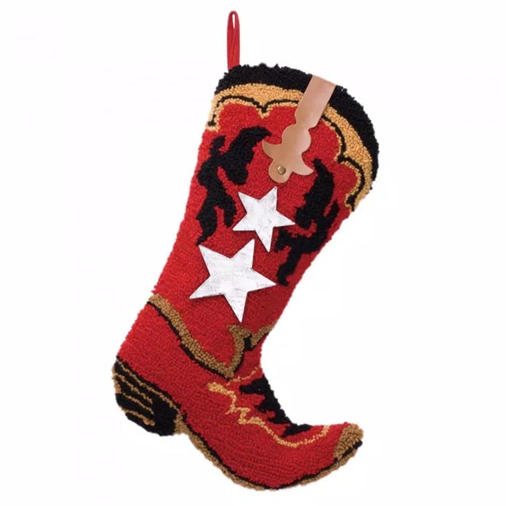 Glitzhome Red Cowboy Boot Christmas Stocking with Decorative Stars and Strap Detailing