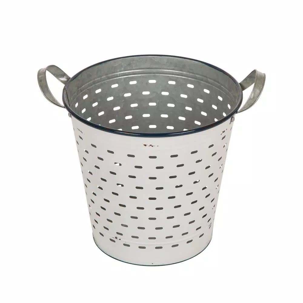 Glitzhome Farmhouse Enamel Metal Basket Set of 2 - White and Galvanized Iron Storage Baskets