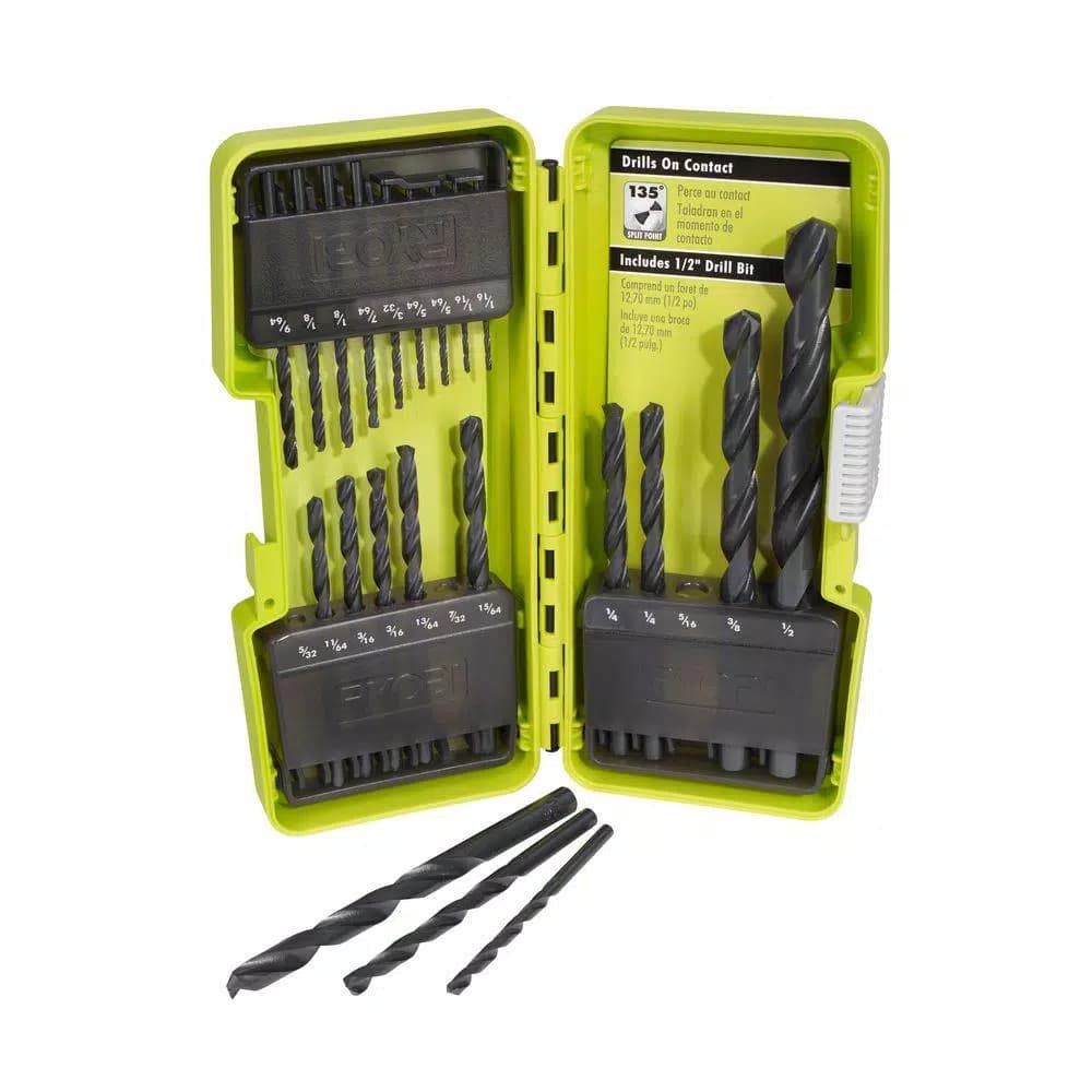 RYOBI 21-Piece Black Oxide Drill Bit Set, High Speed Steel Twist Bits for Wood, Metal, and Plastic