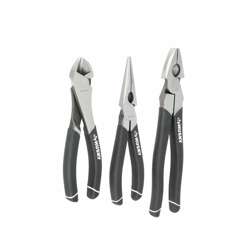 Husky 3-Piece High-Leverage Pliers Set - Diagonal, Long Nose, and Linesman Pliers
