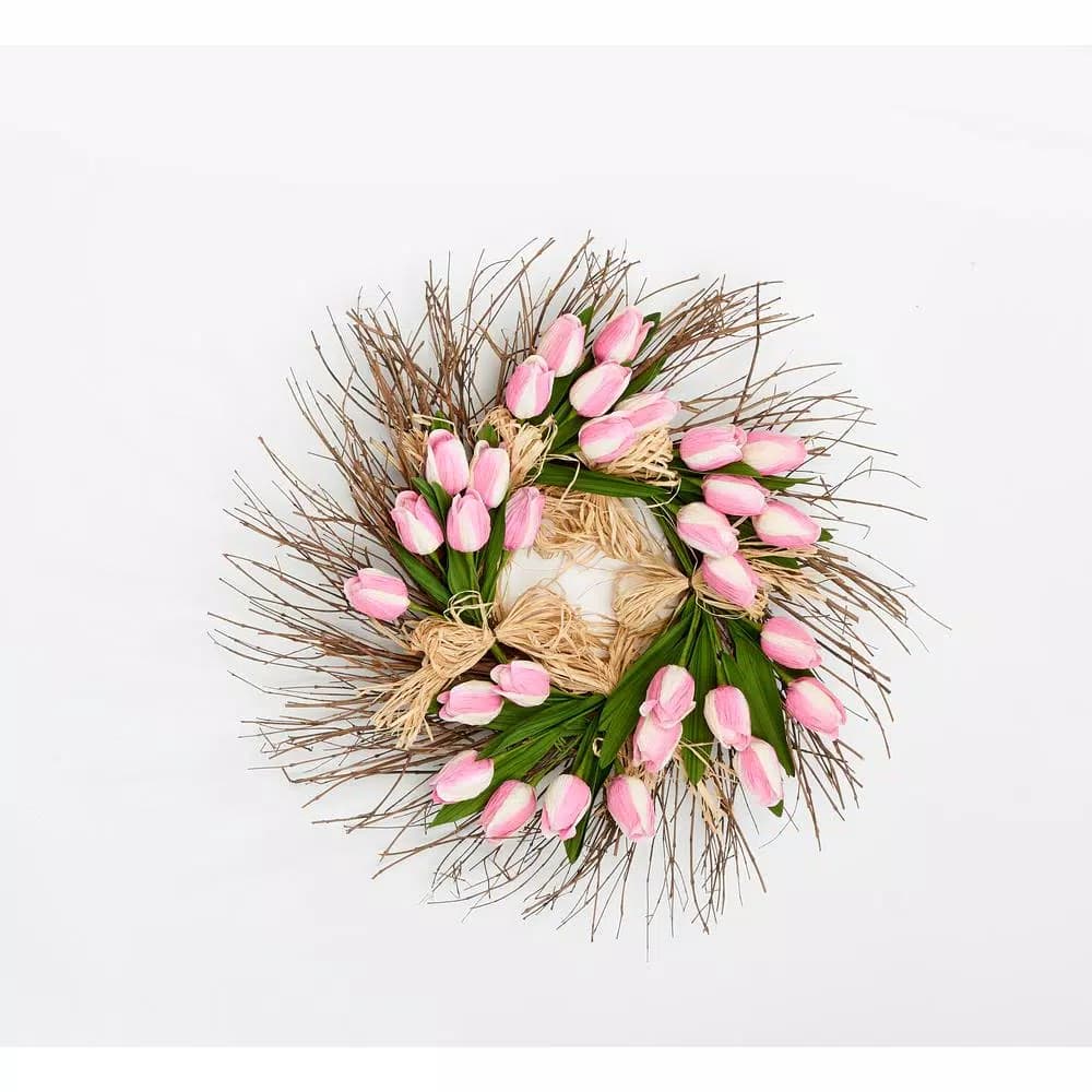 Worth Imports 22 in. Pink and White Tulip Raffia Wreath with Silk Flowers