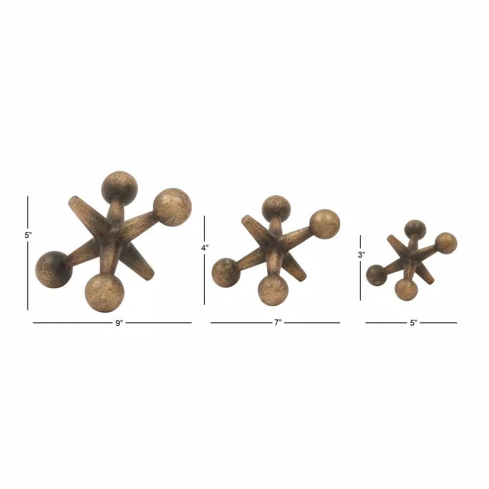 LITTON LANE Iron Metal Gold Jacks Sculptures Set of 3 - Industrial Modern Decorative Statuary