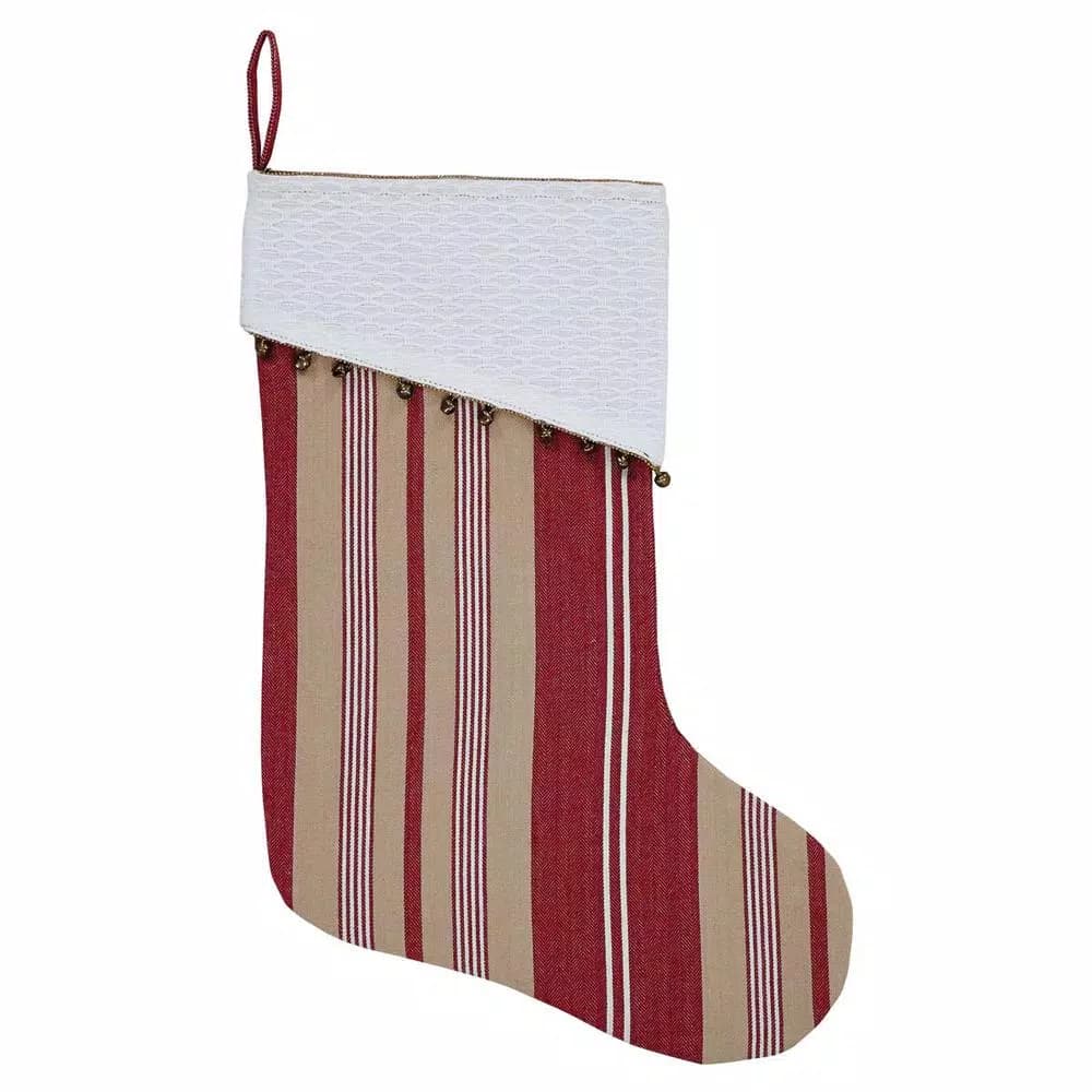 VHC Brands 15 in. Vintage Stripe Cotton Christmas Stocking - Candy Apple Red, Khaki & Snow White