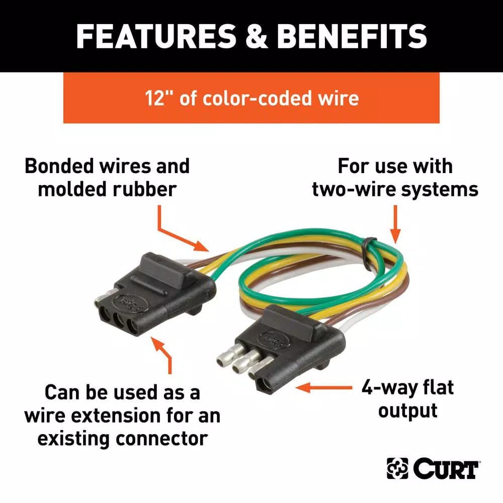 CURT 4-Way Flat Trailer Connector Kit with 12" Color-Coded Wires