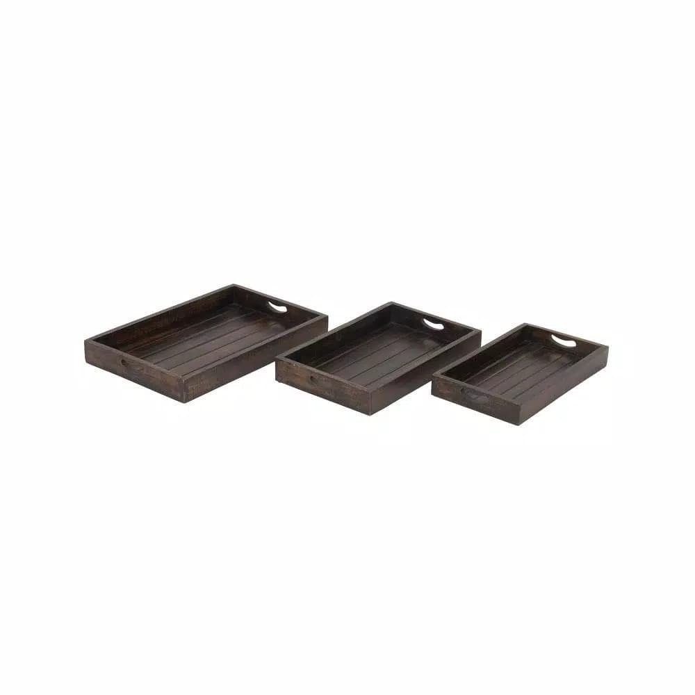 LITTON LANE Farmhouse Mahogany Mango Wood Slat Decorative Tray Set, Set of 3