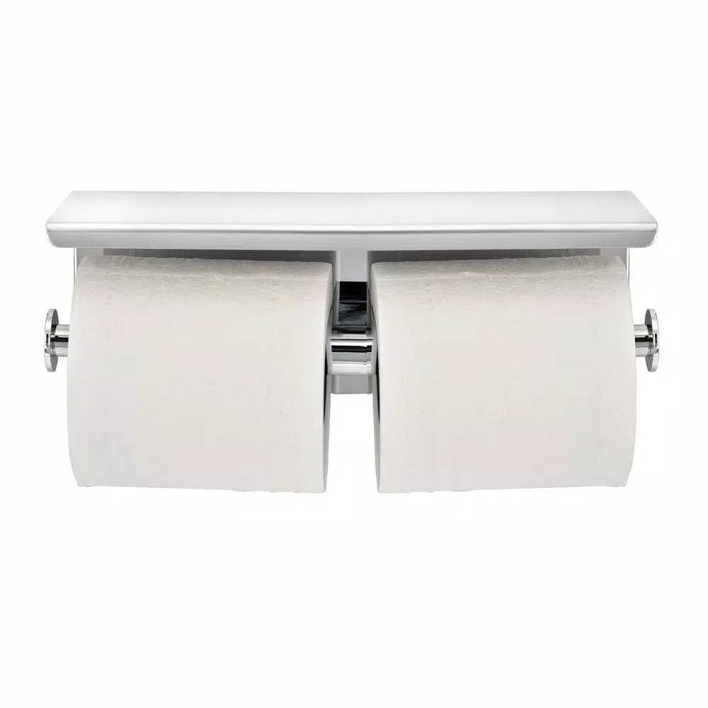 Alpine Industries Double Post Toilet Paper Holder with Storage Shelf, Chrome Finish