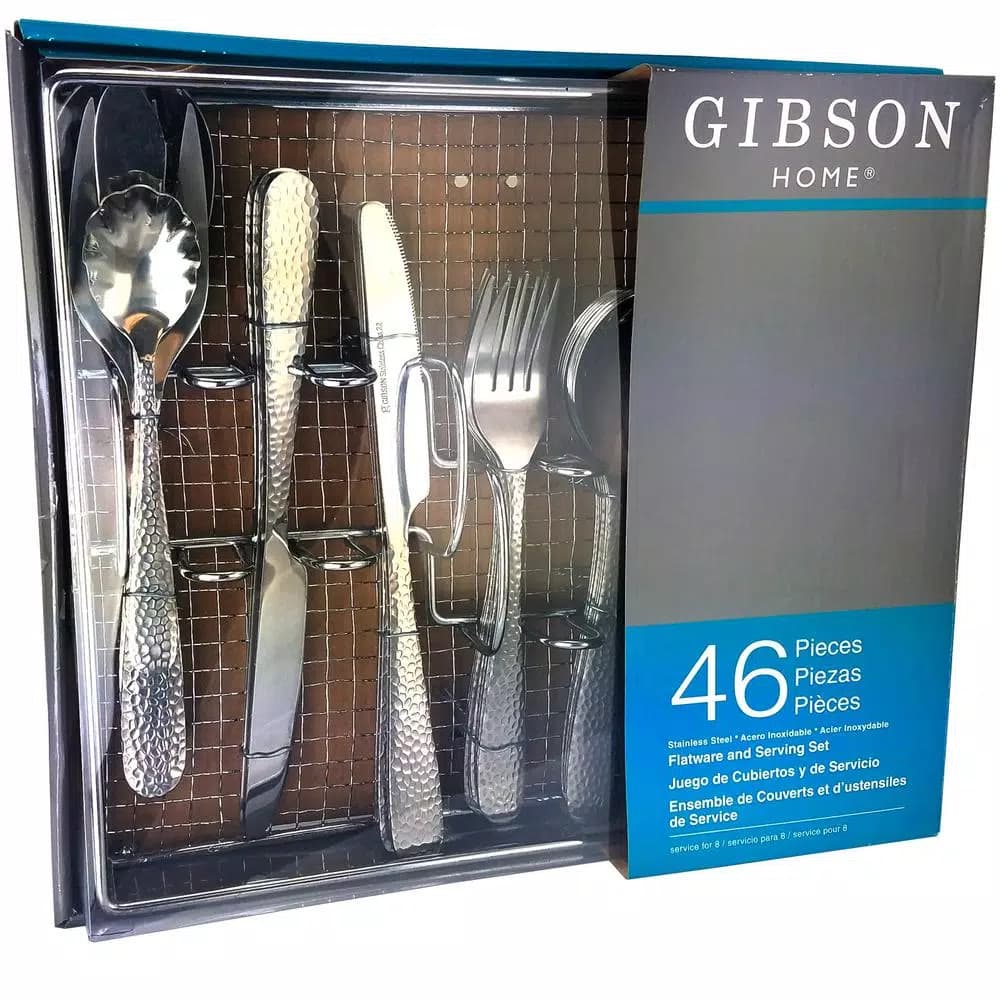 Gibson Home 46-Piece Hammered Stainless Steel Flatware Set, Service for 8