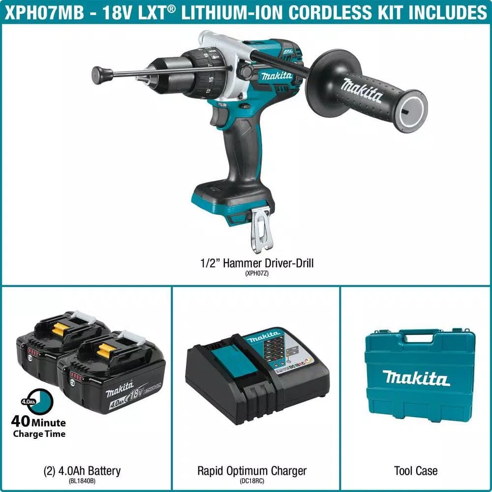 Makita 18V LXT Brushless 1/2 in. Cordless Hammer Drill Combo Kit with (2) 4.0Ah Batteries, Charger & Case