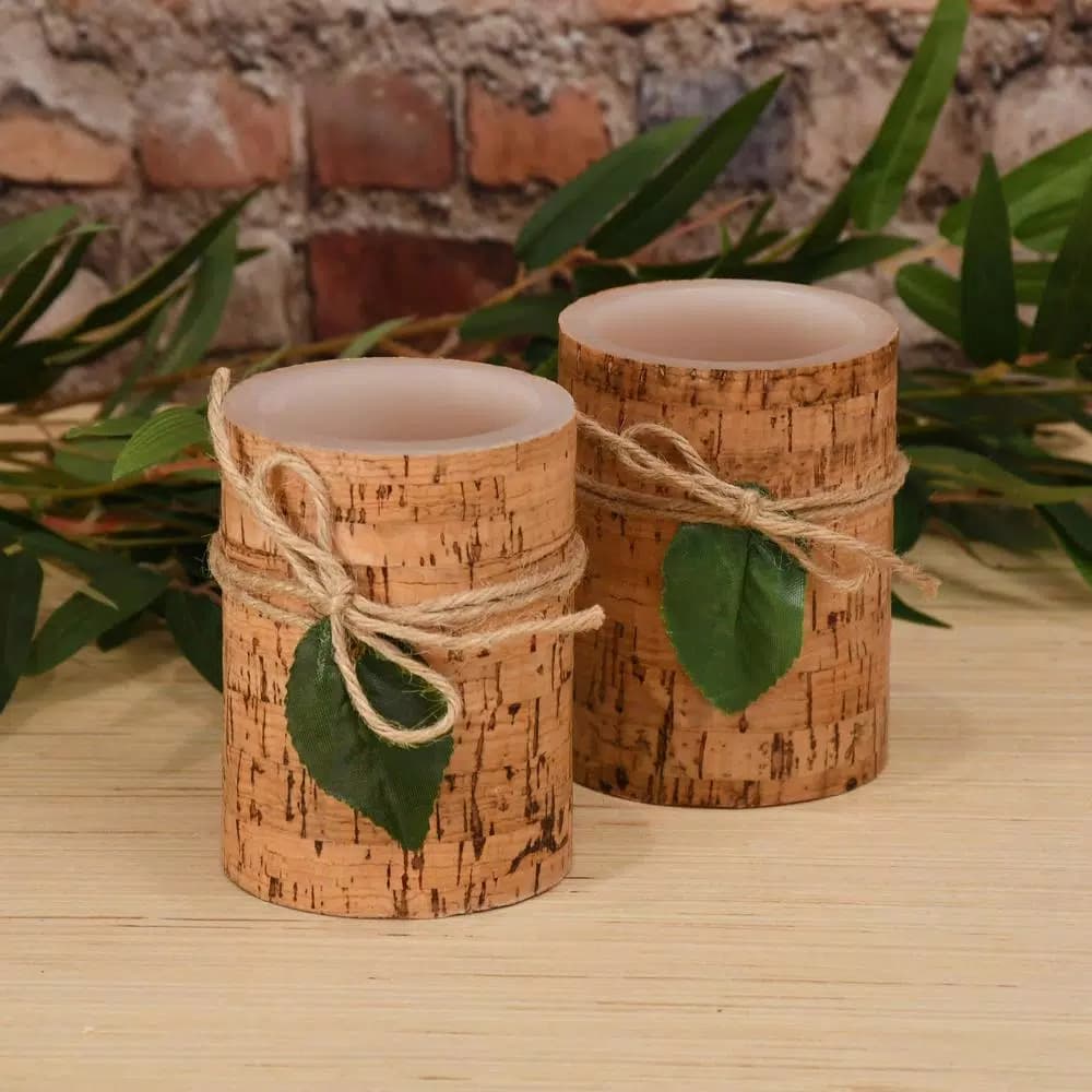 LUMABASE 4 in. Cork Wrapped Flameless LED Pillar Candles with Leaf and Jute Bow (Set of 2)