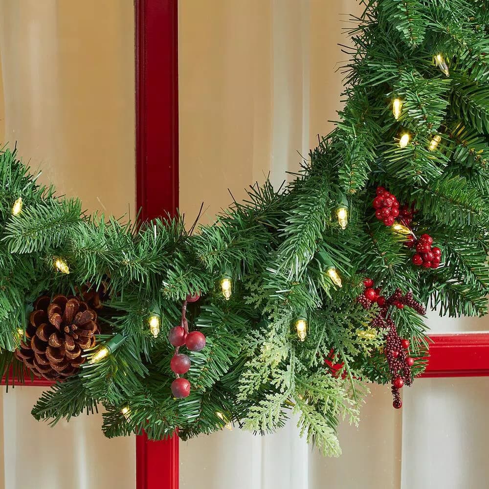 Home Accents Holiday 30 in. Winslow Fir Pre-lit Artificial Christmas Wreath with 50 Warm White LED Lights and Timer
