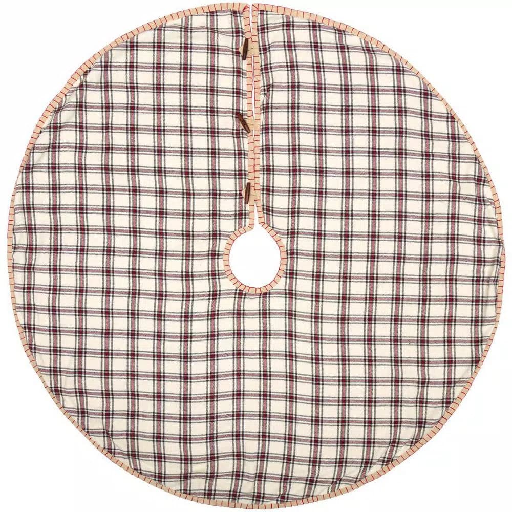 VHC Brands 48 in. Amory Ivory White and Brick Red Plaid Farmhouse Christmas Tree Skirt
