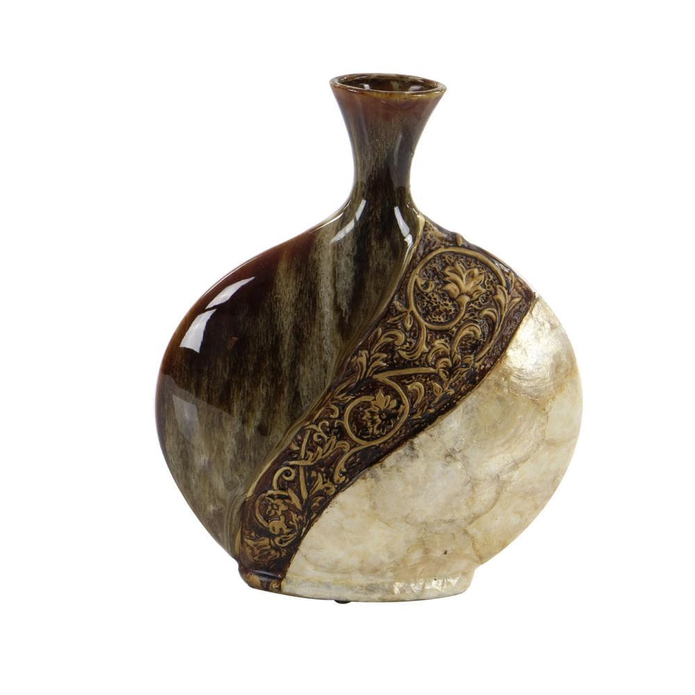 LITTON LANE 14 in. Mediterranean Ceramic and Capiz Shell Urn Vase - Brown and Gold