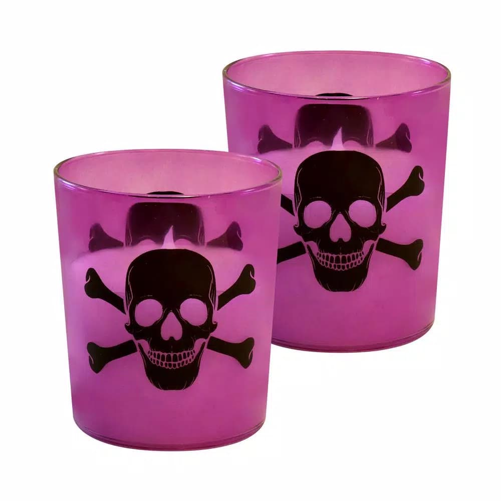 LUMABASE Skull and Crossbones Purple Glass LED Battery Operated Candles, Set of 2