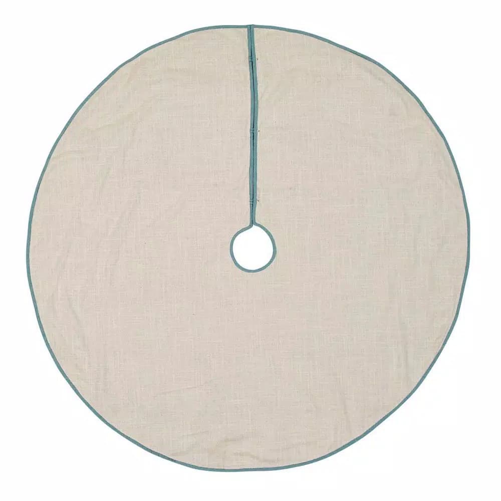 VHC Brands Sanbourne 55 in. Creme White Coastal Christmas Tree Skirt with Turquoise Chambray Trim