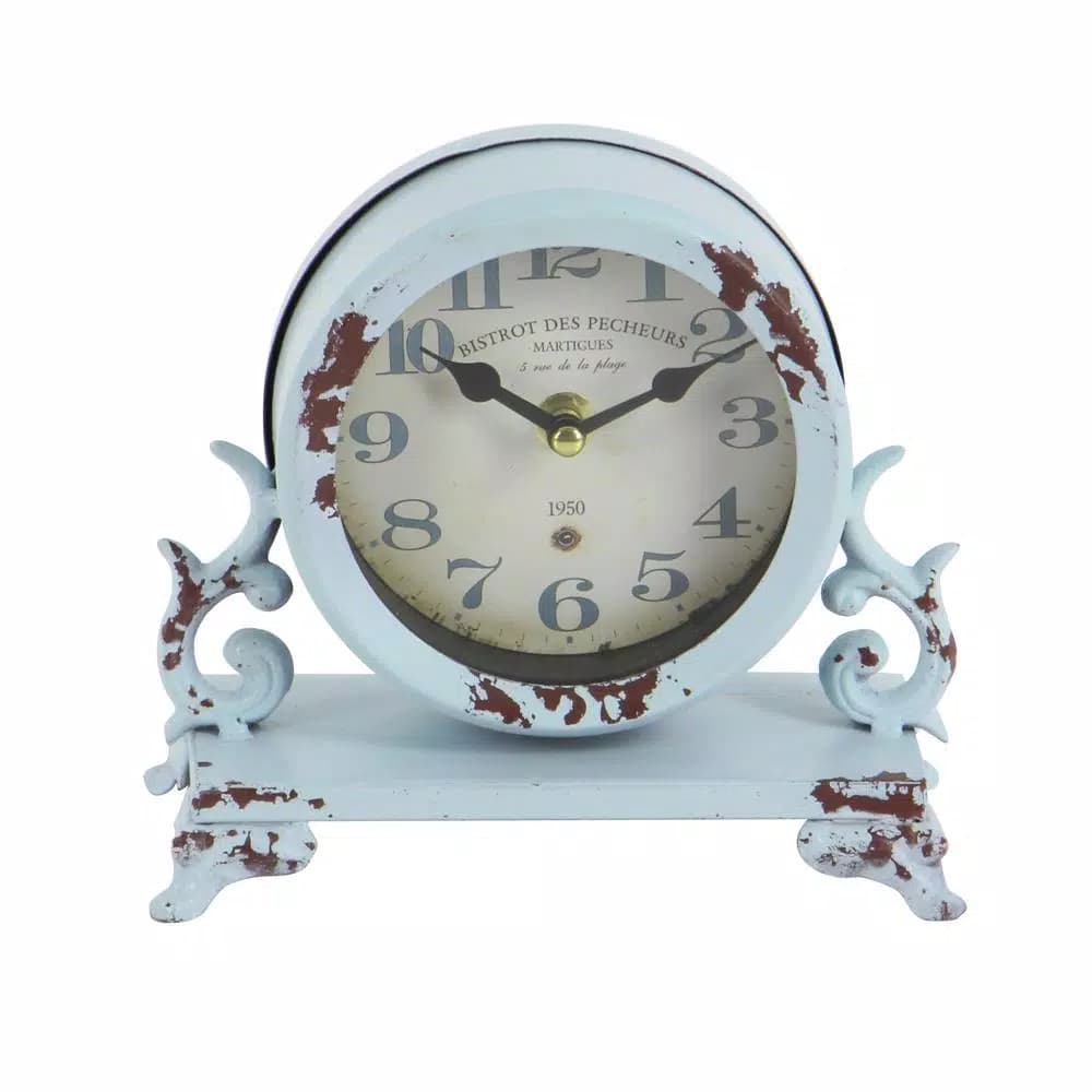 LITTON LANE 7 in. Burgundy Red and Mint Green Round Table Clocks with Scrollwork Base, Set of 2