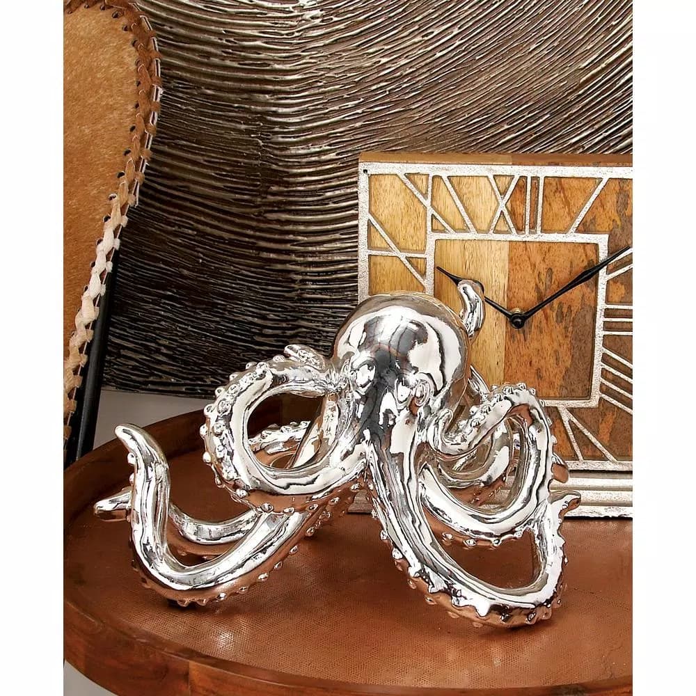 LITTON LANE Polystone Octopus Sculpture - Polished Silver Decorative Statuary