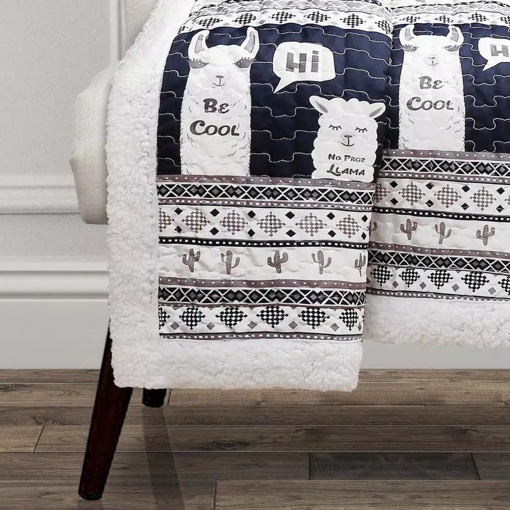 Lush Decor Llama Stripe Navy Sherpa Throw Blanket for Kids
