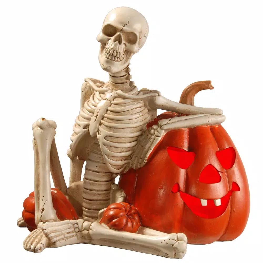 National Tree Company 9 in. Lighted Skeleton and Pumpkin Halloween Decor - Poly Resin Sculpture