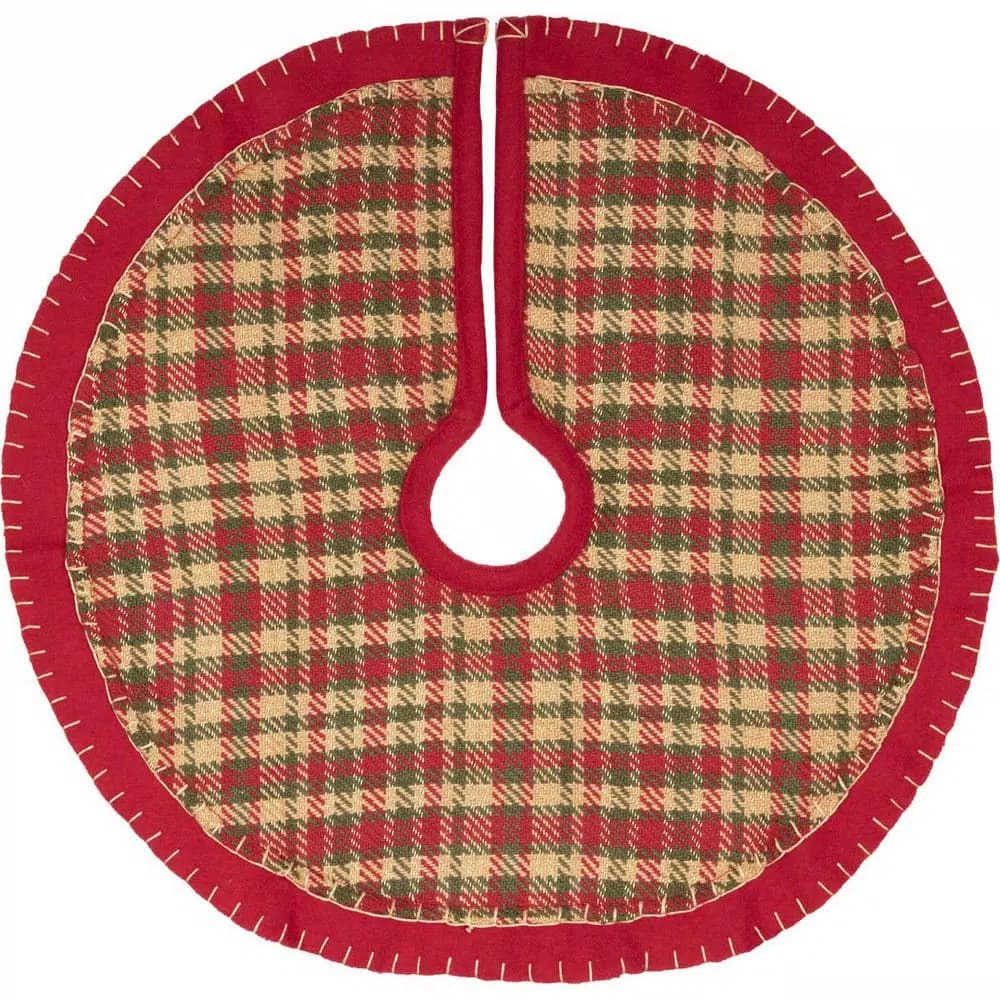 VHC Brands Claren 21 in. Cotton Cherry Red Plaid Christmas Tree Skirt with Gold Metallic Thread