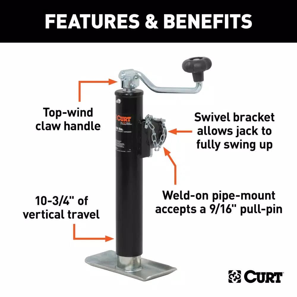 CURT Pipe-Mount Swivel Jack with Top Handle, 5,000 lbs. Capacity, 10 in. Travel