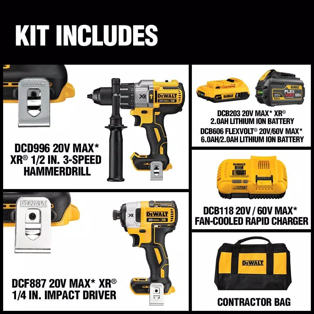 DEWALT 20V MAX Brushless Hammer Drill and Impact Driver Combo Kit with FLEXVOLT 6.0Ah Battery