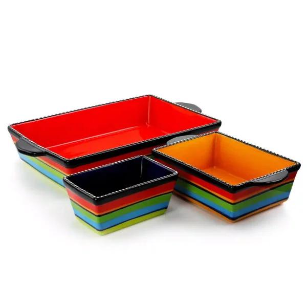 Gibson Pueblo Springs 3-Piece Stoneware Bakeware Set, Assorted Colors, Rectangular Ceramic Baking Dishes