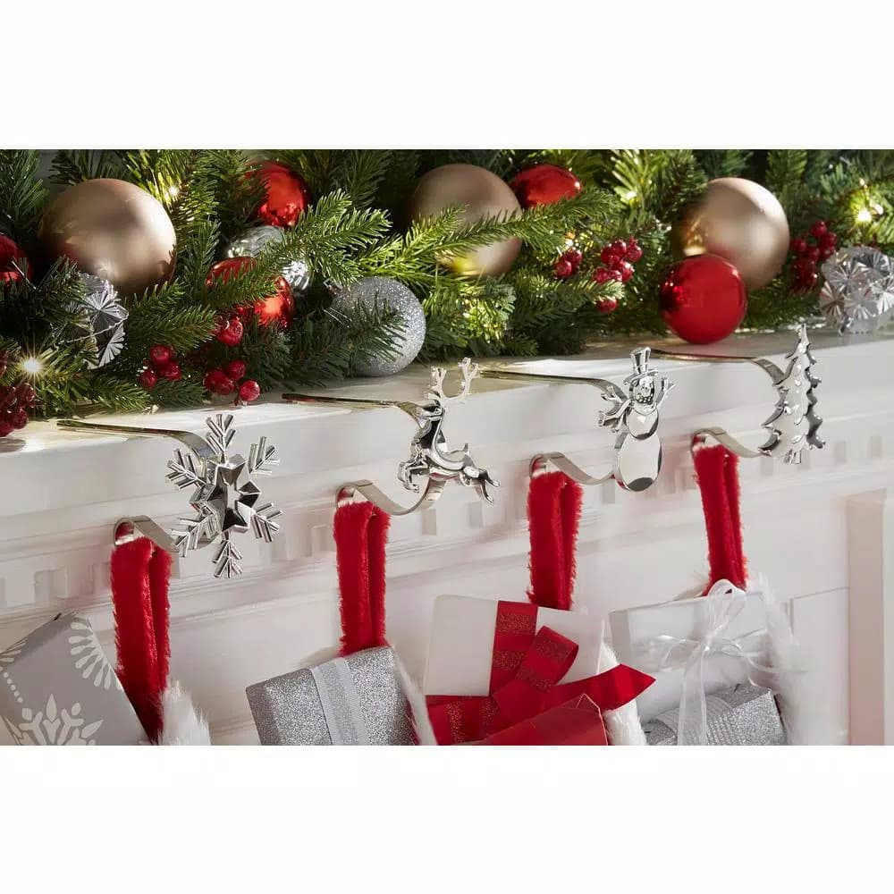 Original MantleClip Silver Adjustable Metal Christmas Stocking Holder Set with Clip-On Icons, 4-Pack