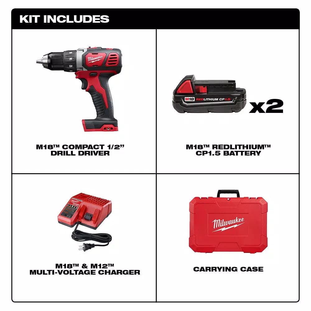 Milwaukee M18 18V Lithium-Ion Cordless 1/2 in. Drill Driver Kit with (2) 1.5Ah Batteries, Charger, and Hard Case