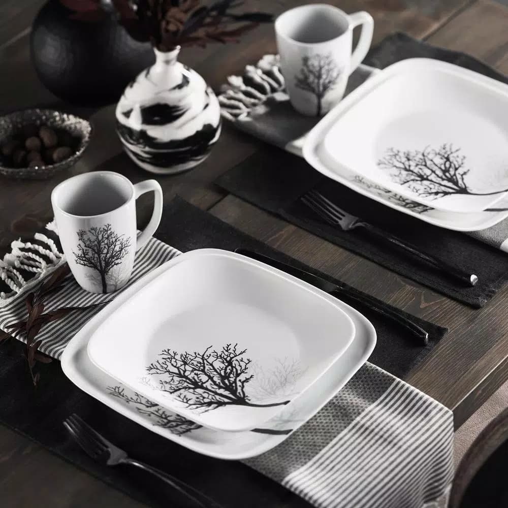 Corelle Square 16-Piece Black Trees Glass Dinnerware Set, Service for 4