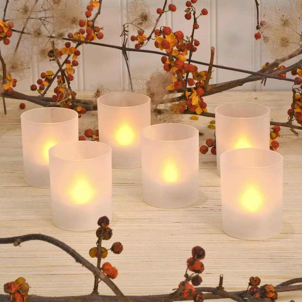 LUMABASE Flameless Votive LED Candles with Amber Frosted Plastic Holders, 6 Count