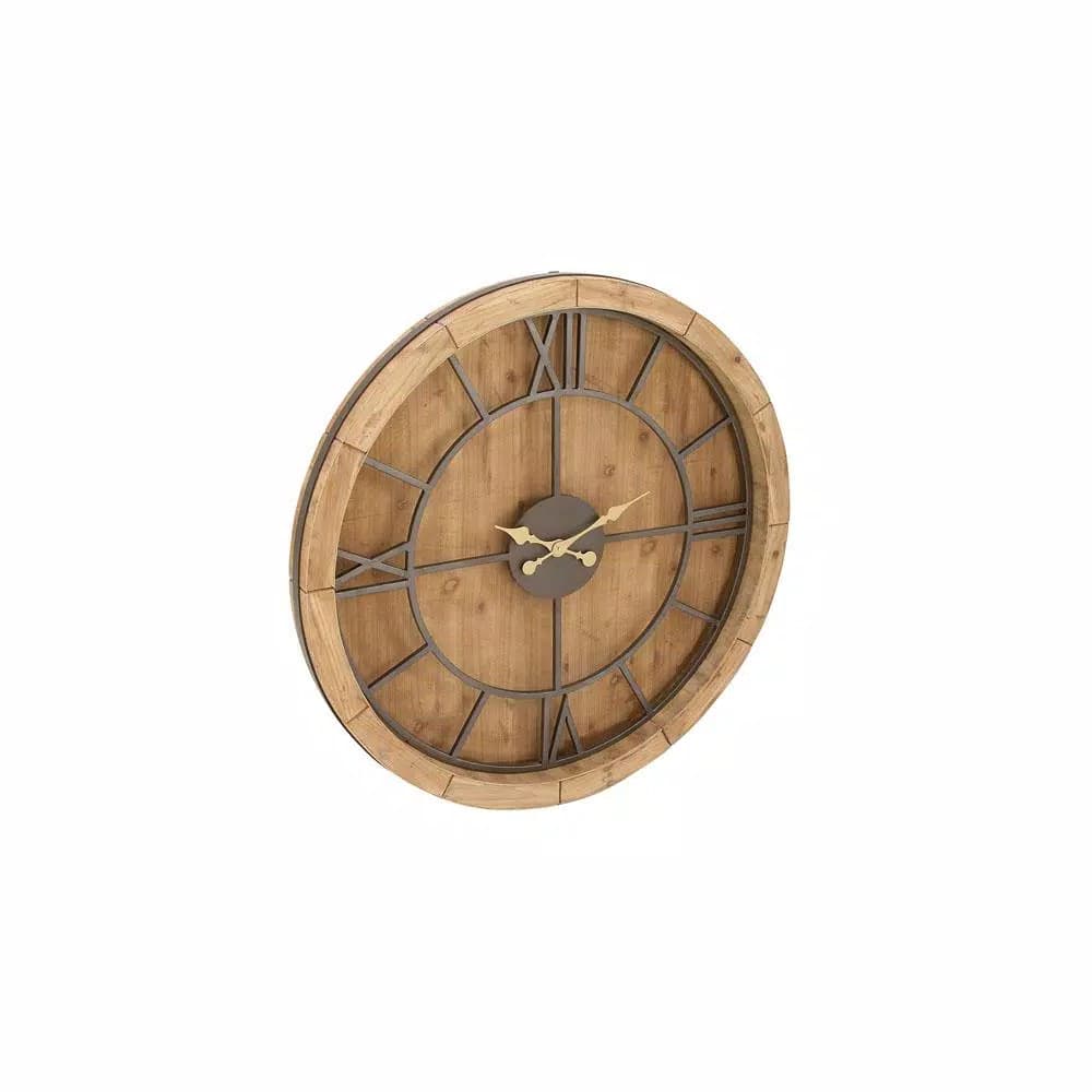 LITTON LANE 40 in. Rustic Round Cypress Wood Wall Clock with Roman Numerals