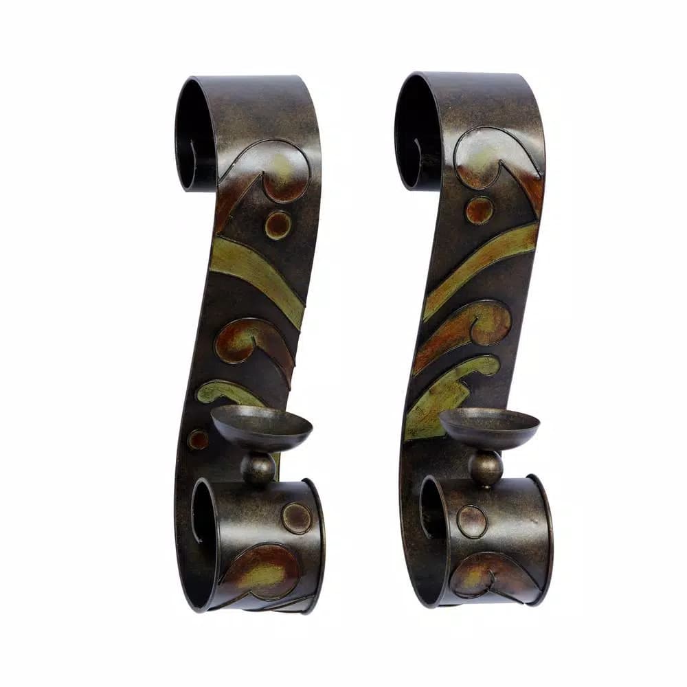 LITTON LANE 19 in. Scrolled Iron Candle Sconces with Metallic Brown Finish (Pair)
