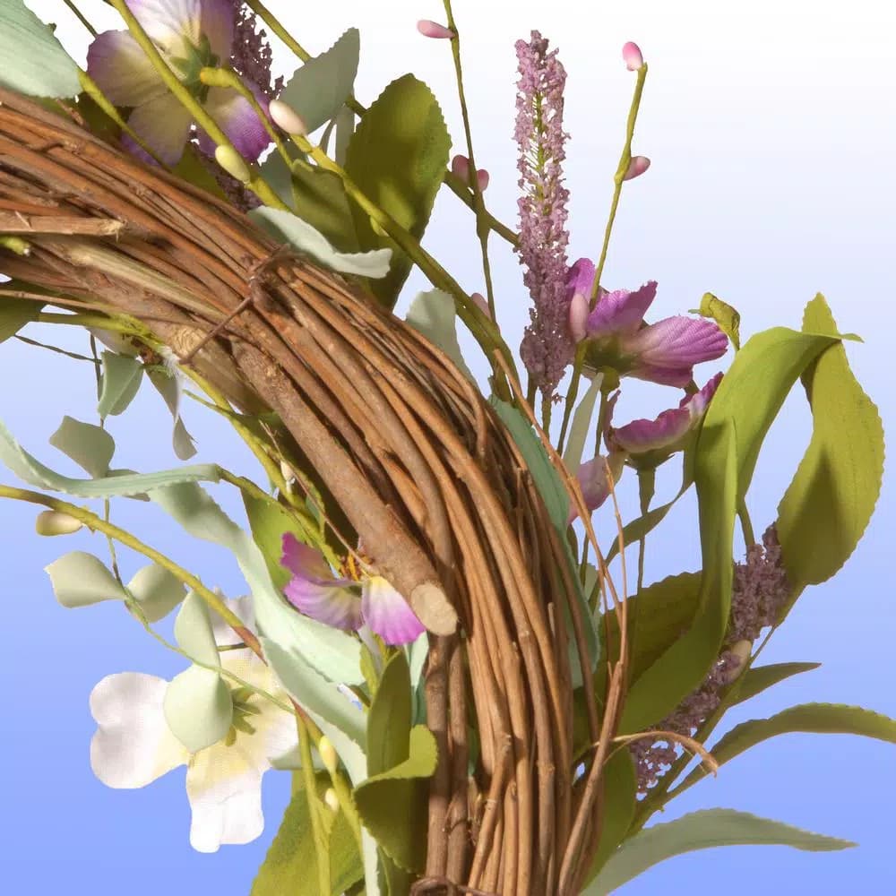 Unbranded 22 in. Purple and White Spring Floral Wreath with Lavender, Verbena, and Clematis