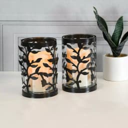LUMABASE 6.5 in. Vine Metal and Glass Candle Holder Set with LED Pillar Candles (Set of 2) thumbnail 2